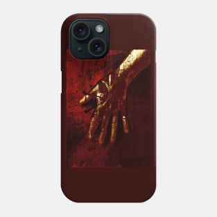 Digital collage, special processing. Red tint, gold hand, mystic. Ugly grainy texture on close up, so beautiful on distance. Phone Case