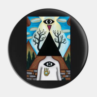 Surrealist painting like digital art of As Above so Below with occult symbolism and All Seeing Eye Pin