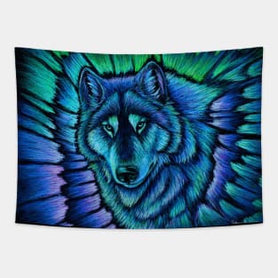 Colorful Blue Fantasy Wolf Aurora Tapestry