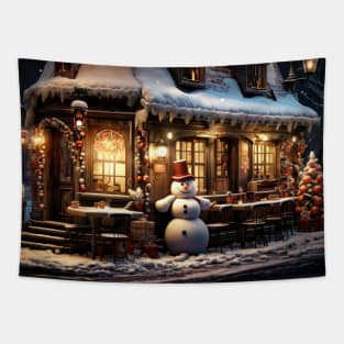 A small village shop with a snowman out front Tapestry