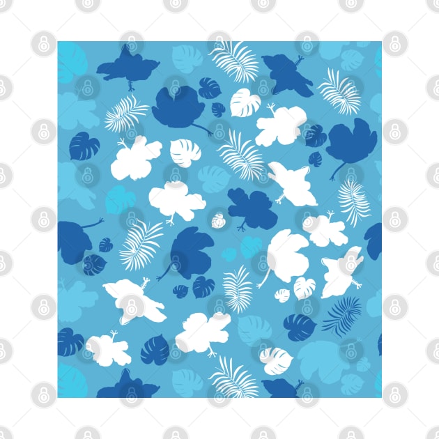 Hand drawn hibiscus, tropical leaves blue and white seamless summer time for fabric design by GULSENGUNEL