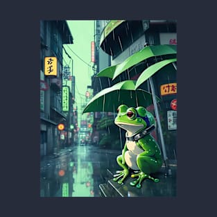 3D Art Frog in Japan Street Kawaii Lofi rain T-Shirt