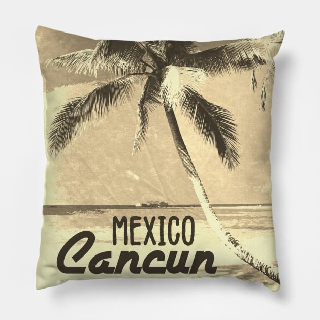 Cancun Mexico Vintage SEPIA travel poster | Most Beautiful Beach on Earth | Vacation Destination Pillow by Naumovski