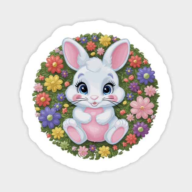 Cute baby bunny with flowers in pink Magnet by Vinokurio