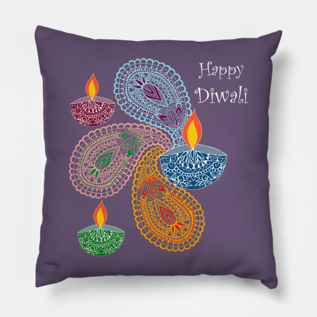 Diwali - Paisleys and Lamps Pillow by MitaDreamDesign