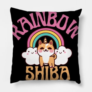 Shiba Inu Unicorn Kawaii Illustration With Rainbow And Cloud Pillow