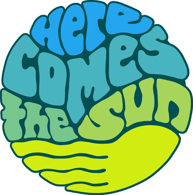 Here Comes the Sun Groovy Word Art Kids T-Shirt by Slightly Unhinged