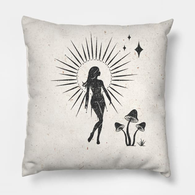 Walking Sun Mushroom Goddess Pillow by studioaartanddesign