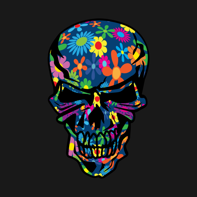 Colorful Hippie Trippy Flowers Skull by hobrath