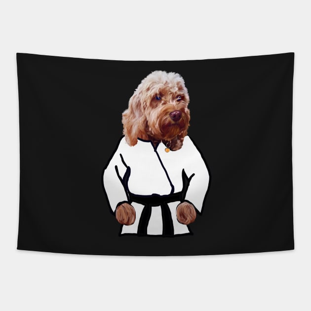 Blue eyed black belt Kong fu Cava - Karate -martial arts Cavapoo  Cavoodle puppy dog  - cavalier king charles spaniel poodle, puppy love Tapestry by Artonmytee