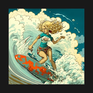 Extreme woman catching a wave on her surf board. T-Shirt