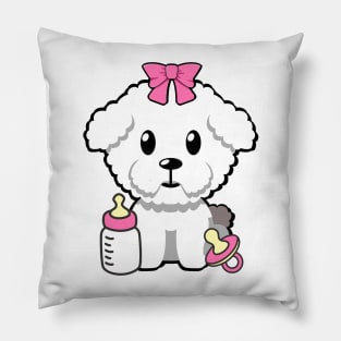 cute baby furry dog wears a pink ribbon Pillow