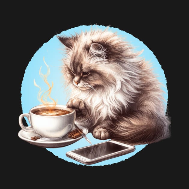 Fluffy Cat with Coffee and Phone by CeeGunn