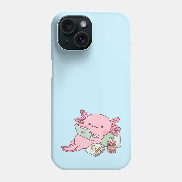 Cute Axolotl Chilling with Laptop And Snacks Phone Case by rustydoodle