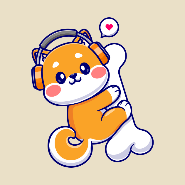 Cute Shiba Inu Hug Bone With Headphone Cartoon by Catalyst Labs