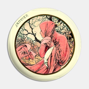 Art Nouveau January Calendar Alphonse Mucha Pin