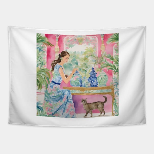 Girl in preppy dress and her cat in chinoiserie interior Tapestry by SophieClimaArt