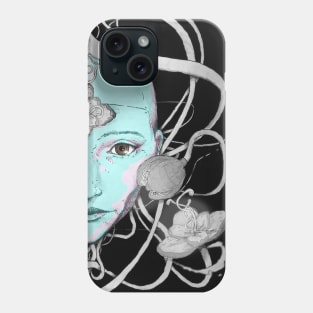 Wise cyber robot girl with blue skin entwined with mystical flowers and wires Phone Case