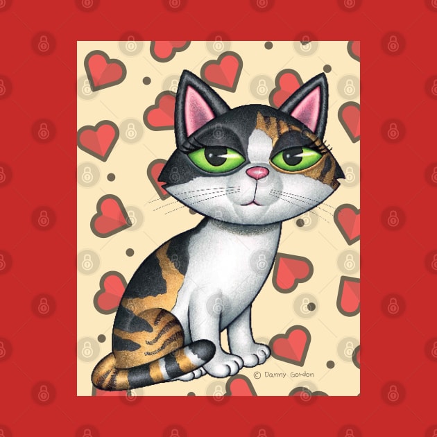 Beautiful Calico Kitty with Red Hearts by Danny Gordon Art