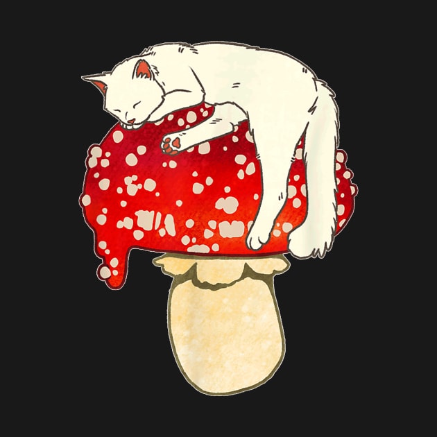 Cute White Cat Sleeping On Red Spotted Mushroom by Activate