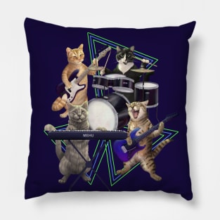 Cat band. Rock and Roll Kitties on Guitar, Bass, Drums, and keyboard. Pillow