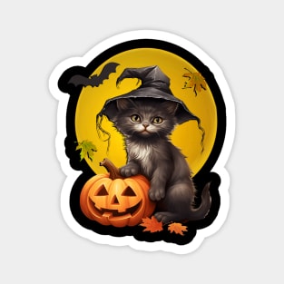 Black Cat In Witch Hat Harvest Moon Halloween Magnet