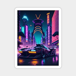 Dark Neon City Sports Car Magnet