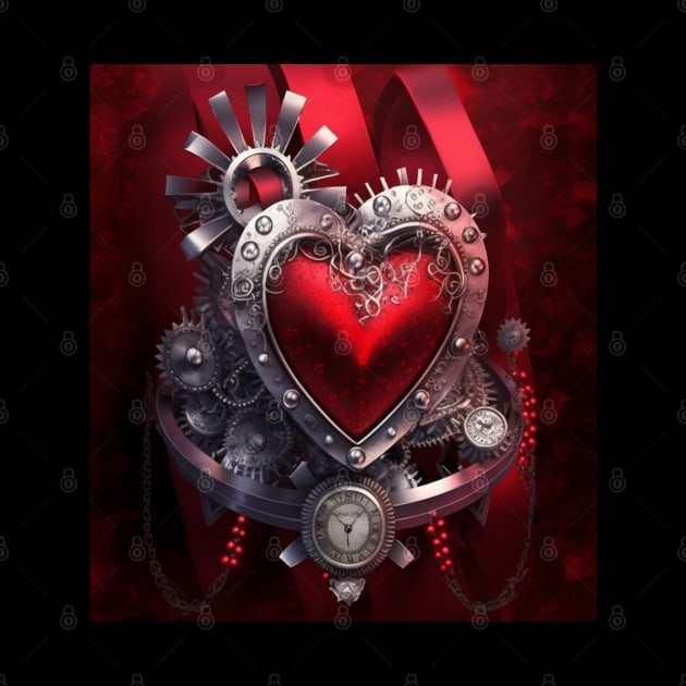 Red Heart- Steampunk Style with Clock and Gears by mw1designsart