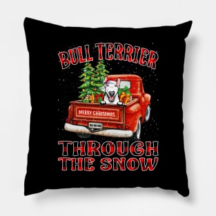Christmas Bull Terrier Through The Snow Dog Santa Truck Tree Pillow