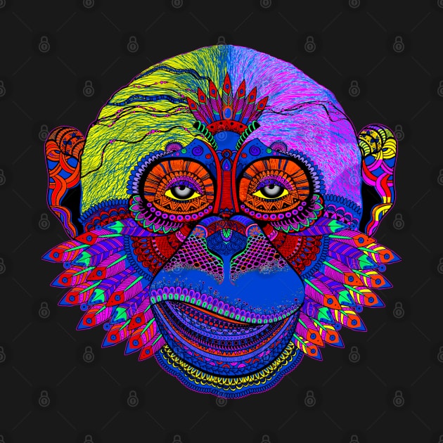 Multicolored Pop Art Monkey Face with Feathers by EDDArt