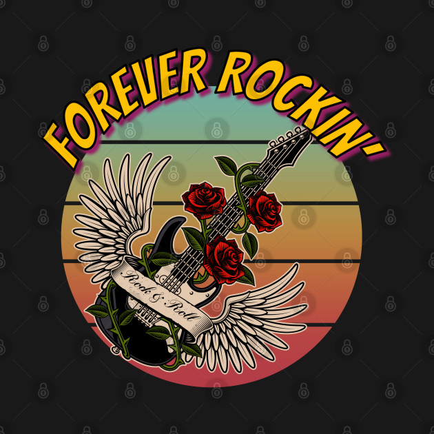 Discover Winged Guitar with Roses – Forever Rockin’ - Rock And Roll Music - T-Shirt