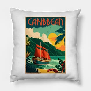 Caribbean Coastline Vintage Travel Art Poster Pillow