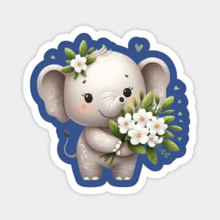 cute  elephant holding a bouquet of white flowers Magnet
