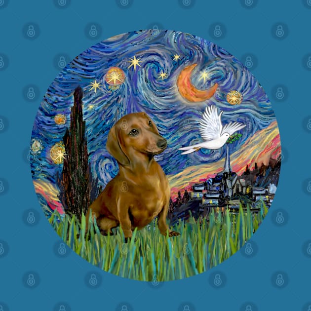 Starry Night (Van Gogh inspired) with a Brown/red Dachshund by Dogs Galore and More