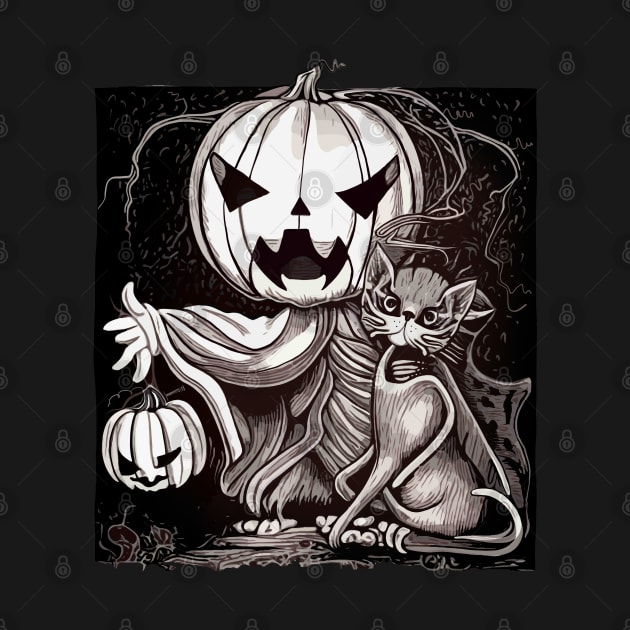 Pumpkin face scary with cat in dark forest and full moon, cute Halloween in dark atmosphere by Collagedream