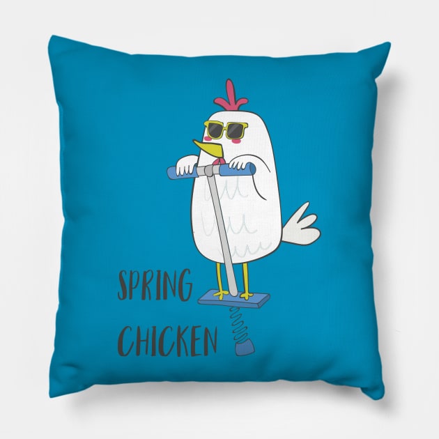 Spring Chicken- Funny Chicken on a pogo stick Pillow by Dreamy Panda Designs