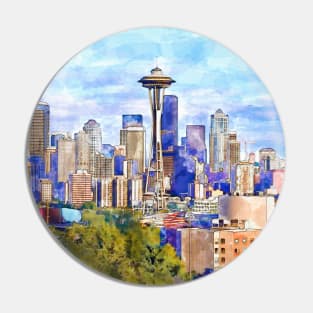 Seattle View in watercolor Pin