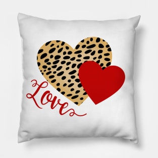 Red and Cheetah Pattern Hearts with Love Text Pillow