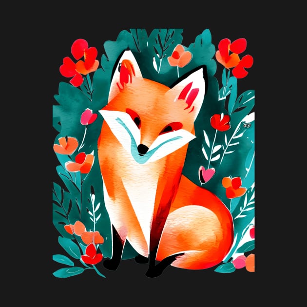 Cute Fox and Floral Watercolor, Cute by FlitStudio