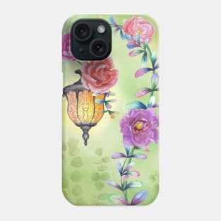 Vintage streetlights with peony flowers and colorful leaves ornament. Fairy spring garden watercolor illustration. Enchanted romantic scenery Phone Case