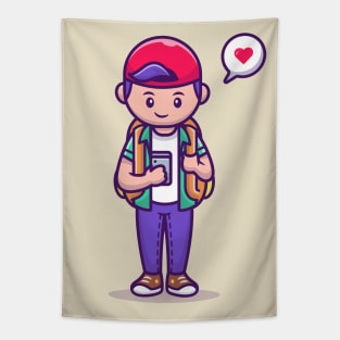 Cute Boy With Mobile Phone Tapestry