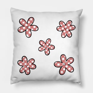 Abstract Checkerboard Flowers - Coral Pink with black outline Pillow