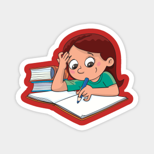 girl is sitting next to the books and writing in a notebook with a pencil Magnet