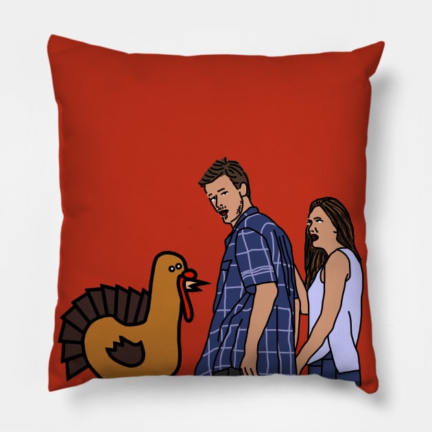 Thanksgiving Turkey and Distracted Boyfriend Meme Pillow by ellenhenryart