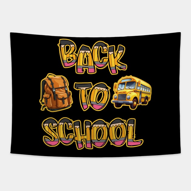 Back to School Bus and Backpack in Pencils Tapestry by DanielLiamGill