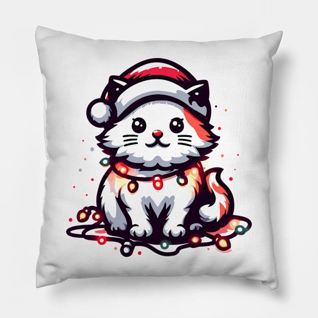 Cute Christmas Cat Santa Hat Christmas Lights Adorable Pillow by Francois Ringuette