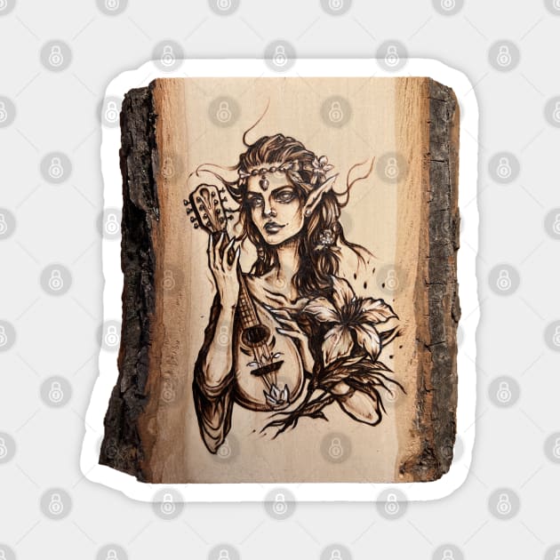 Elf bard - pyrography print - wood texture Magnet by BTW-byMargo