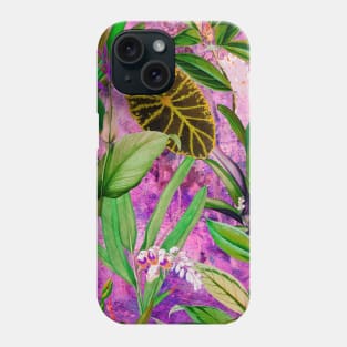 Stylish Tropical floral leaves and foliage botanical illustration, botanical pattern, tropical plants, pink purple leaves pattern over a Phone Case