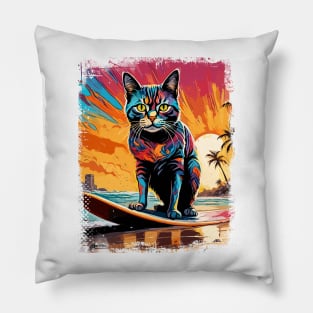 Cat Surfing Cute Colorful Comic Illustration Pillow