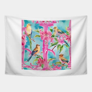 Pink and turquoise preppy birds on trellis watercolor Tapestry